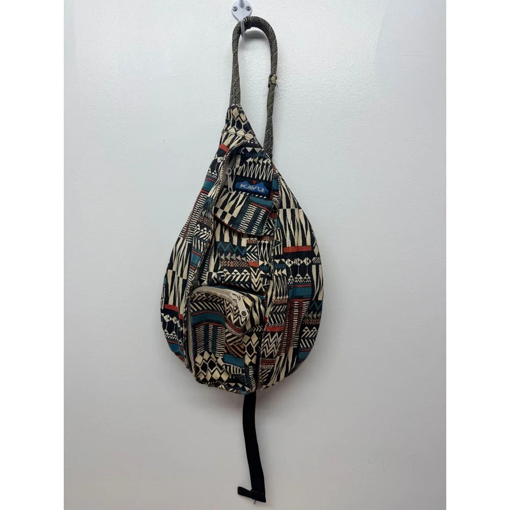 KAVU Rope Bag Canvas Sling Backpack Geometric Tribal Print Black Teal Orange #49